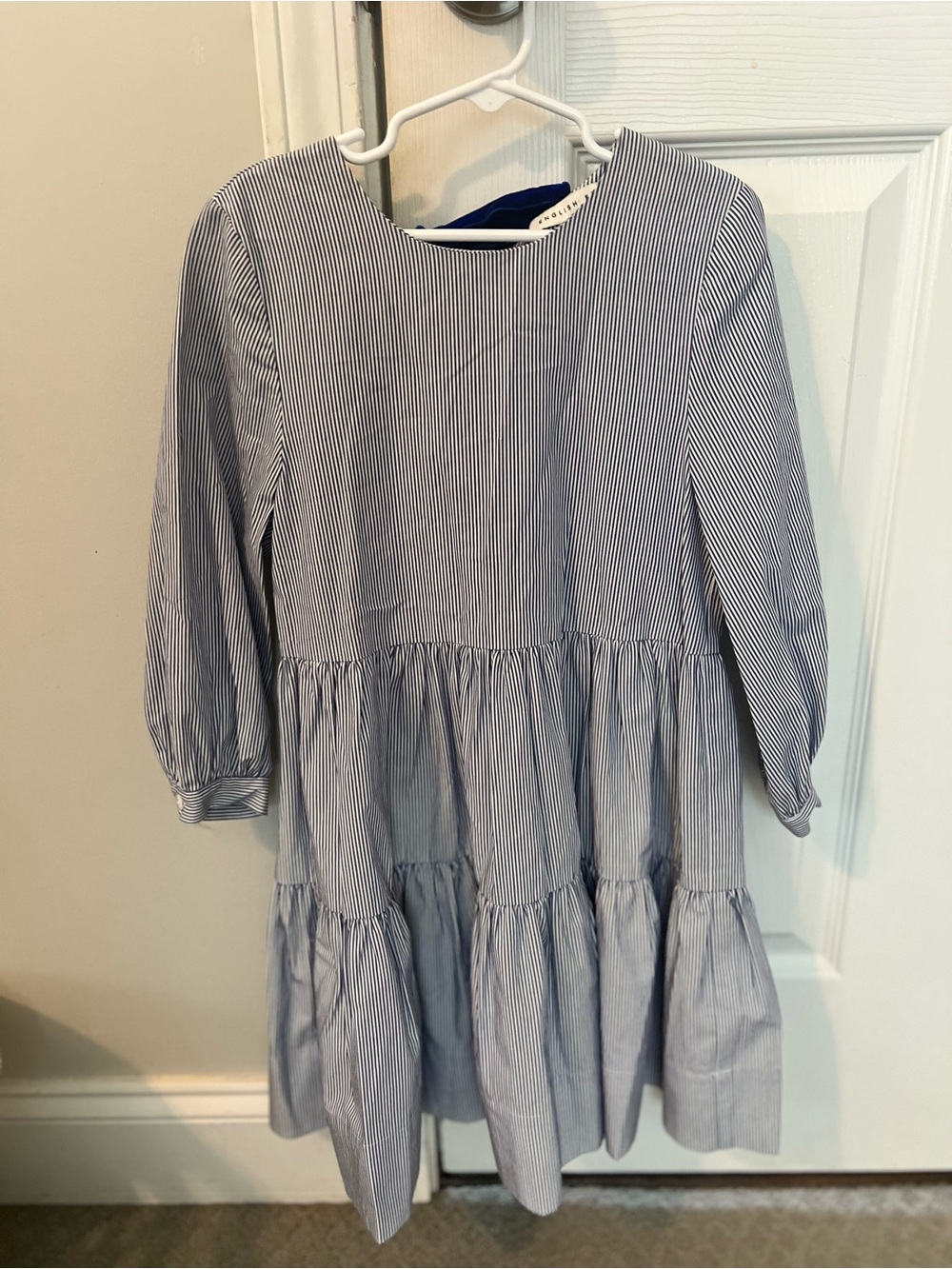 NWOT English Factory Recess Classic Striped Tiered Kids Dress - Blue/White Satin